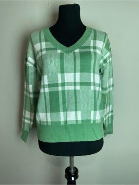 Christian Siriano Green and White Plaid V-Neck Sweater